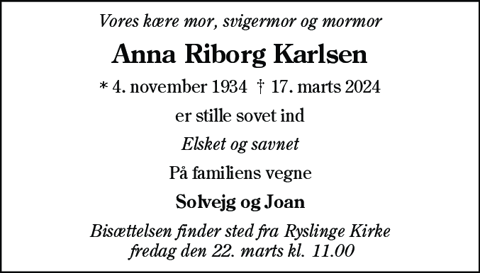Dødsannonce for Anna Riborg Karlsen