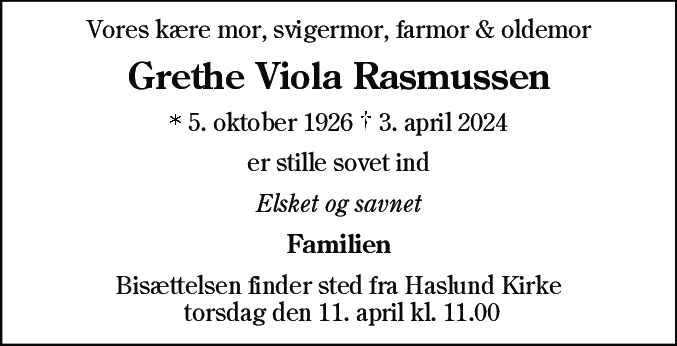 Dødsannonce for Grethe Viola Rasmussen