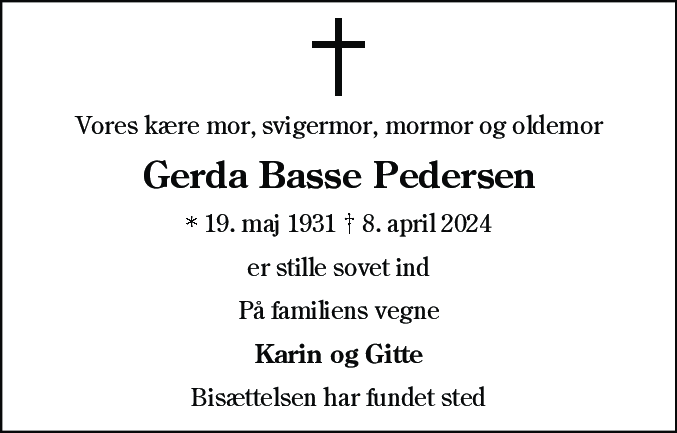 Dødsannonce for Gerda Pedersen