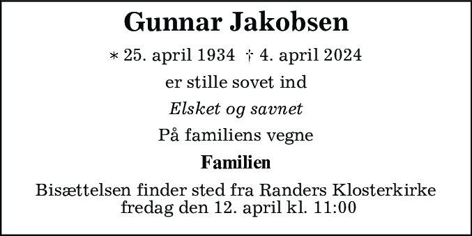 Dødsannonce for Gunnar Jakobsen