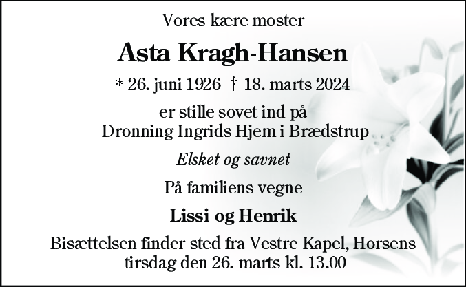 Dødsannonce for Asta Kragh-Hansen