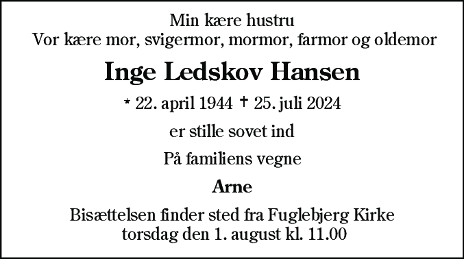 Dødsannonce for Inge Ledskov Hansen