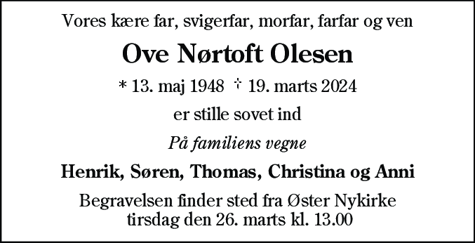 Dødsannonce for Ove Nørtoft Olesen