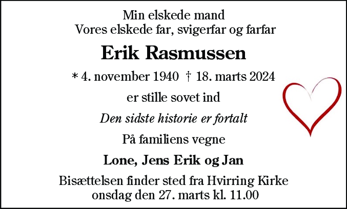 Dødsannonce for Erik Rasmussen