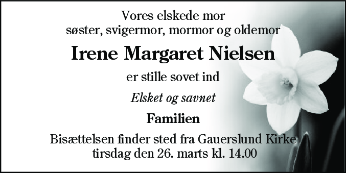 Dødsannonce for Irene Margaret Nielsen