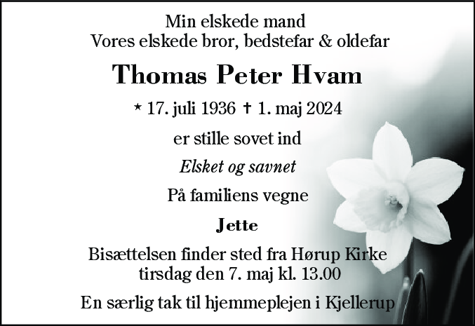 Dødsannonce for Thomas Peter Hvam
