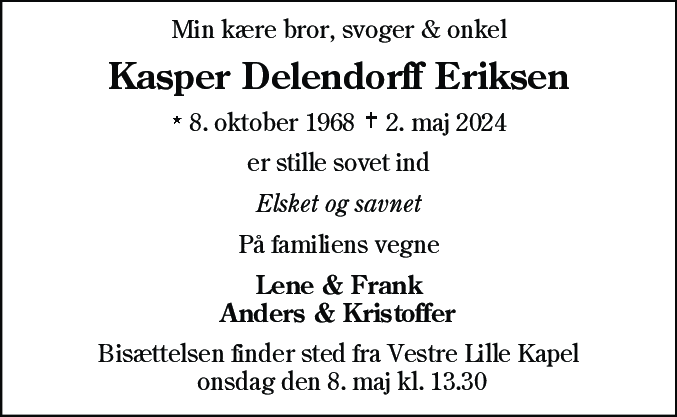 Dødsannonce for Kasper Delendorff Eriksen