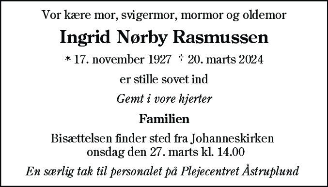 Dødsannonce for Ingrid Nørby Rasmussen