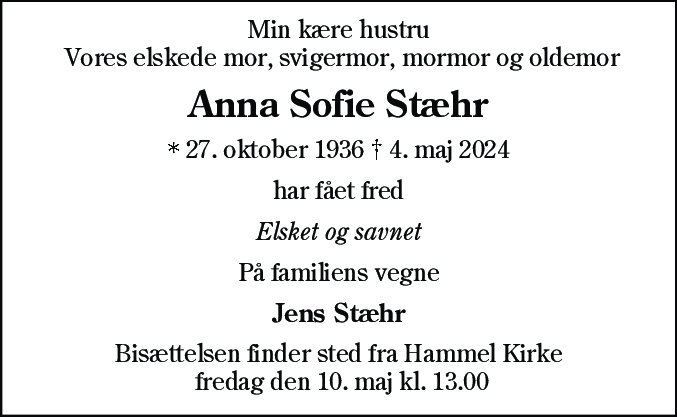 Dødsannonce for Anna Sofie Stæhr