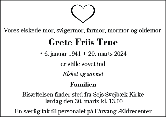 Dødsannonce for Grete Friis True