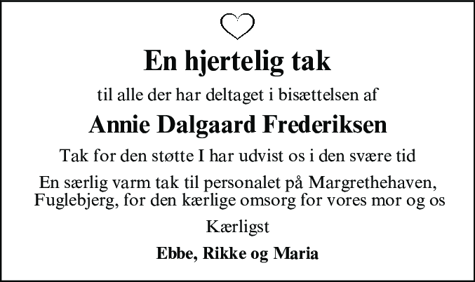 Dødsannonce for Annie Dalgaard Frederiksen