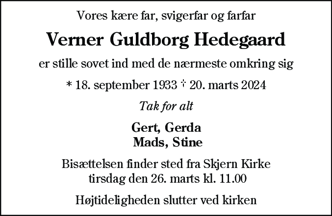 Dødsannonce for Verner Guldborg Hedegaard
