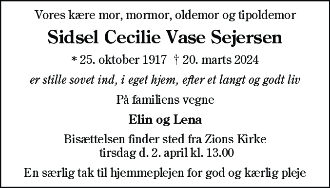 Dødsannonce for Sidsel Cecilie Vase Sejersen