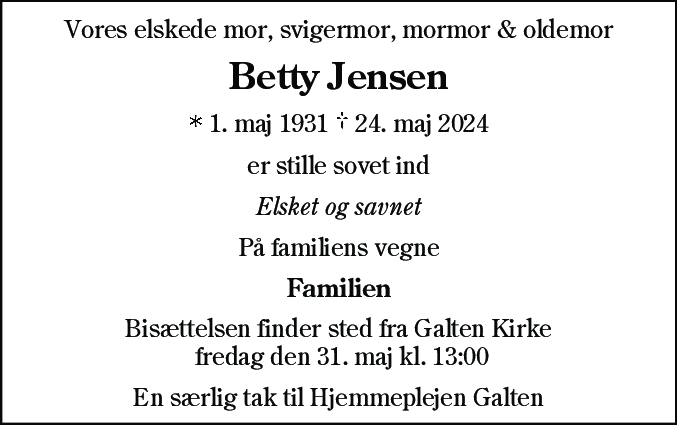 Dødsannonce for Betty Jensen