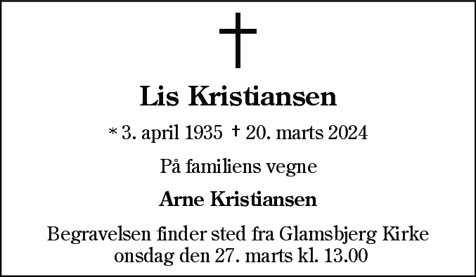 Dødsannonce for Lis Kristiansen