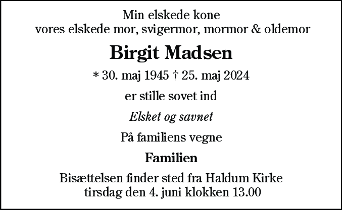 Dødsannonce for Birgit Madsen