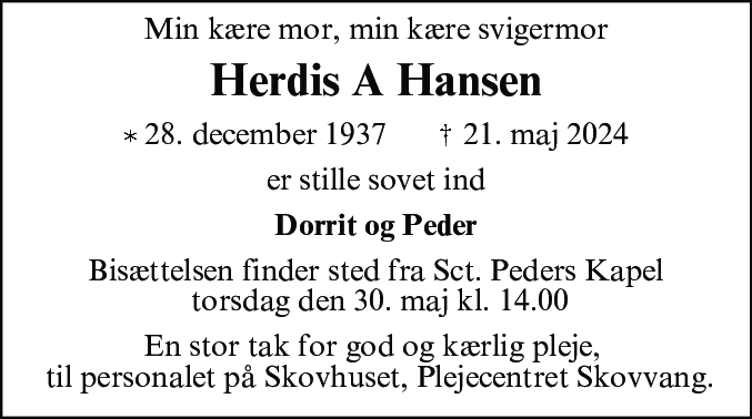 Dødsannonce for Herdis Agnethe Hansen
