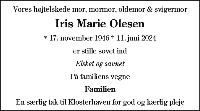 Dødsannonce for Iris Marie Olesen
