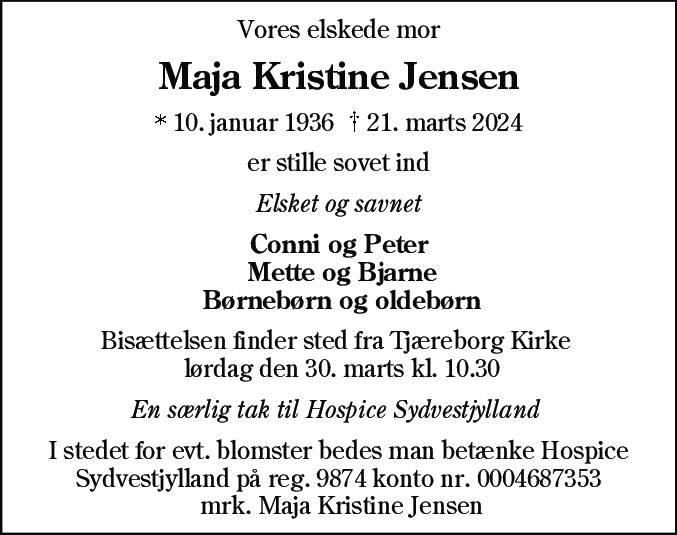 Dødsannonce for Maja Kristine Jensen