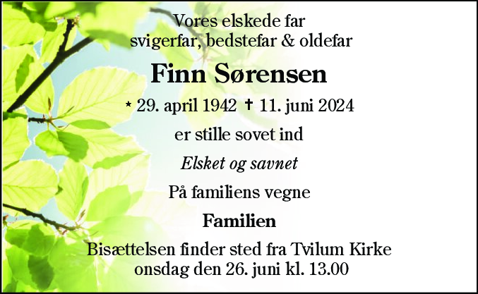 Dødsannonce for Finn Sørensen