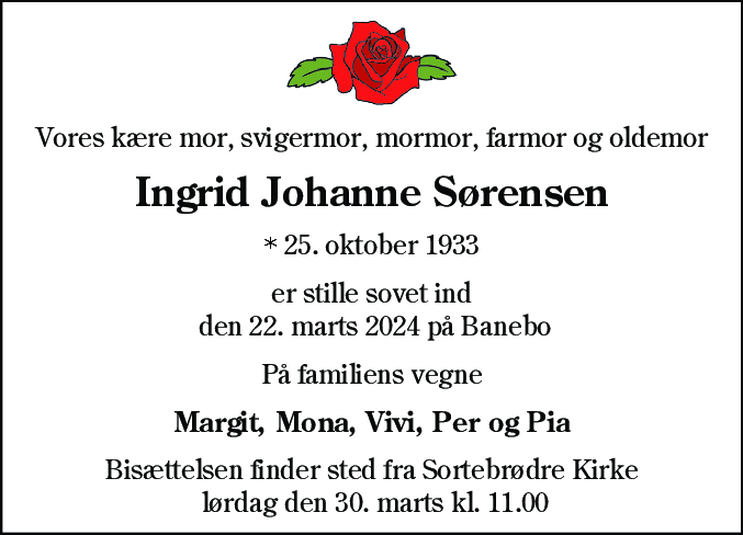 Dødsannonce for Ingrid Johanne Sørensen