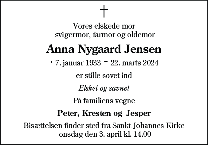 Dødsannonce for Anna Nygaard Jensen