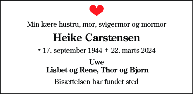 Dødsannonce for Heike Carstensen