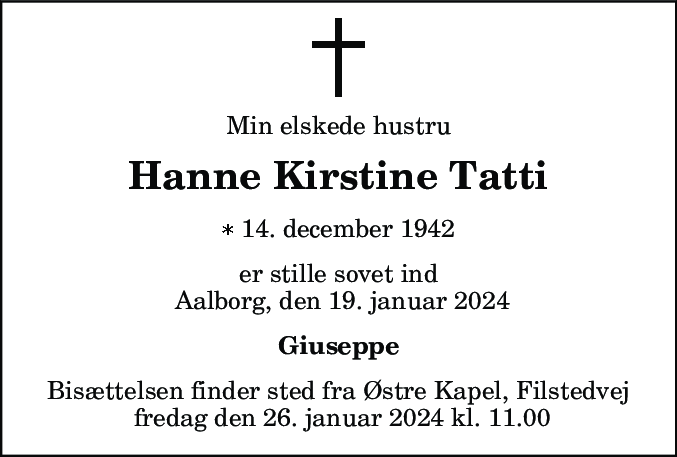 Dødsannonce for Hanne Kirstine Tatti