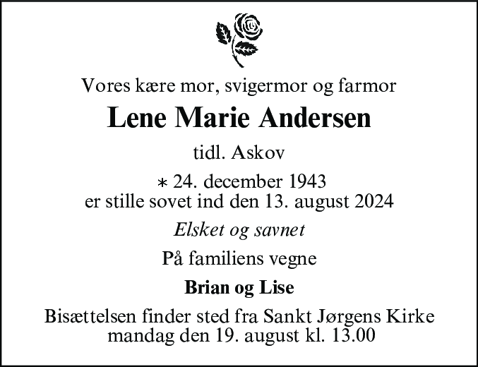 Dødsannonce for Lene Marie Andersen