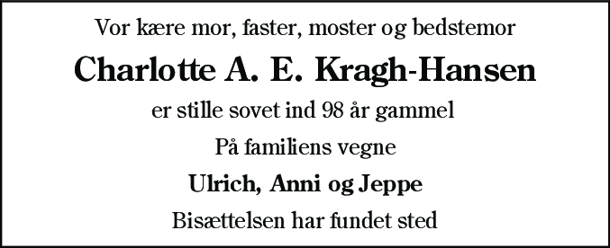 Dødsannonce for Charlotte Alvilda Eleonora Kragh-Hansen