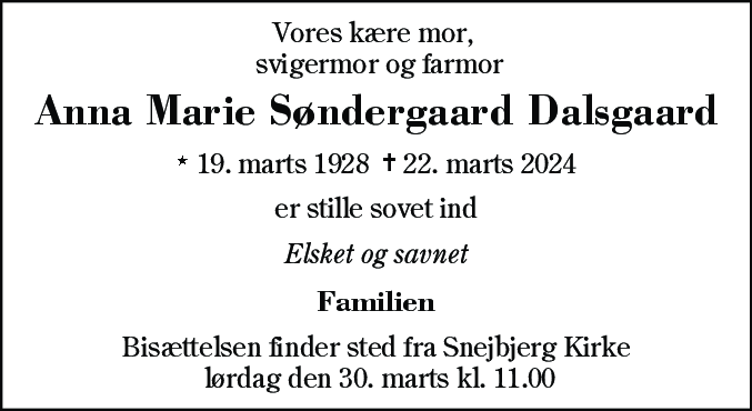 Dødsannonce for Anna Marie Søndergaard Dalsgaard