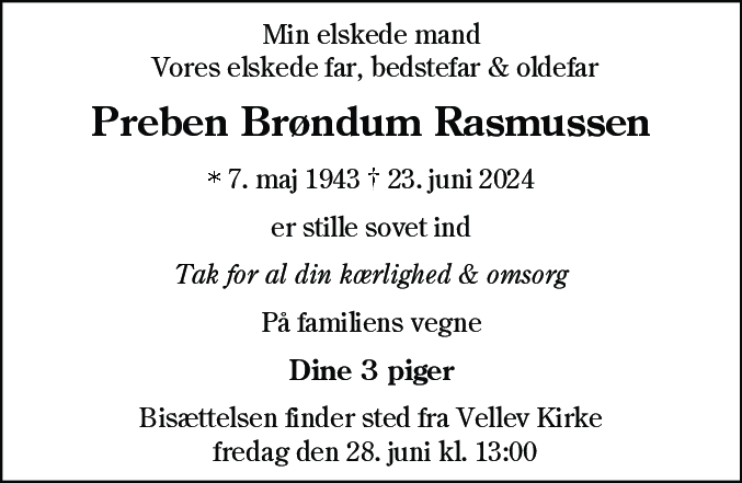 Dødsannonce for Preben Brøndum Rasmussen