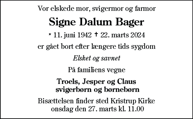 Dødsannonce for Signe Dalum Bager