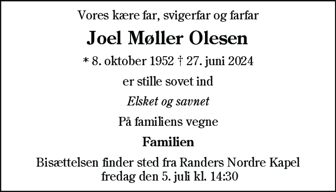 Dødsannonce for Joel Møller Olesen