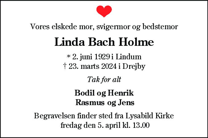 Dødsannonce for Linda Bach Holme