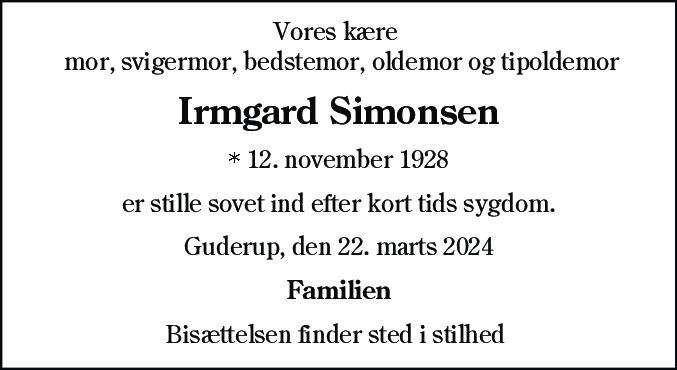 Dødsannonce for Irmgard Luise Florentine Simonsen