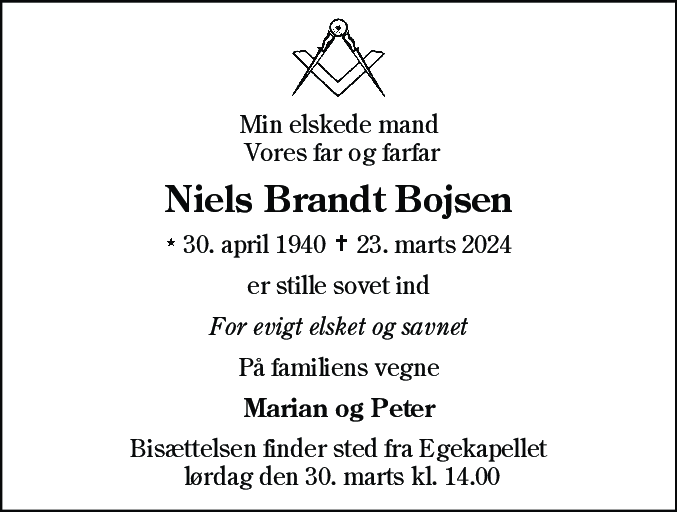 Dødsannonce for Niels Brandt Bojsen
