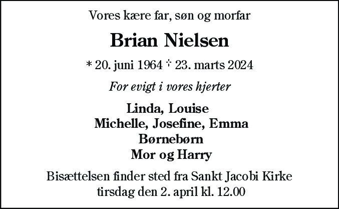 Dødsannonce for Brian Nielsen