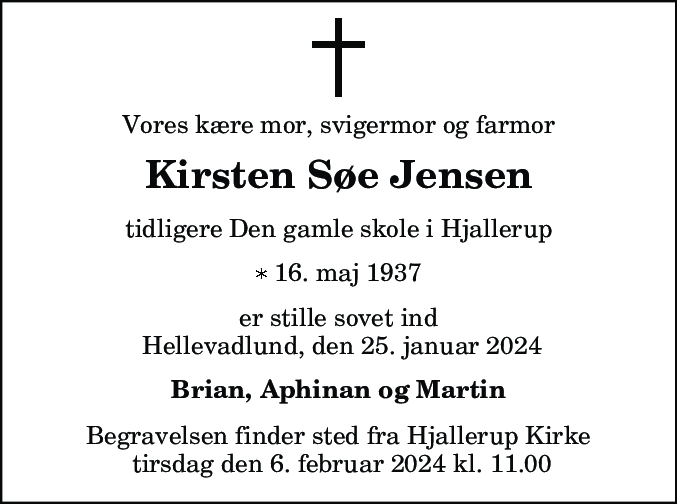 Dødsannonce for Kirsten Søe Jensen
