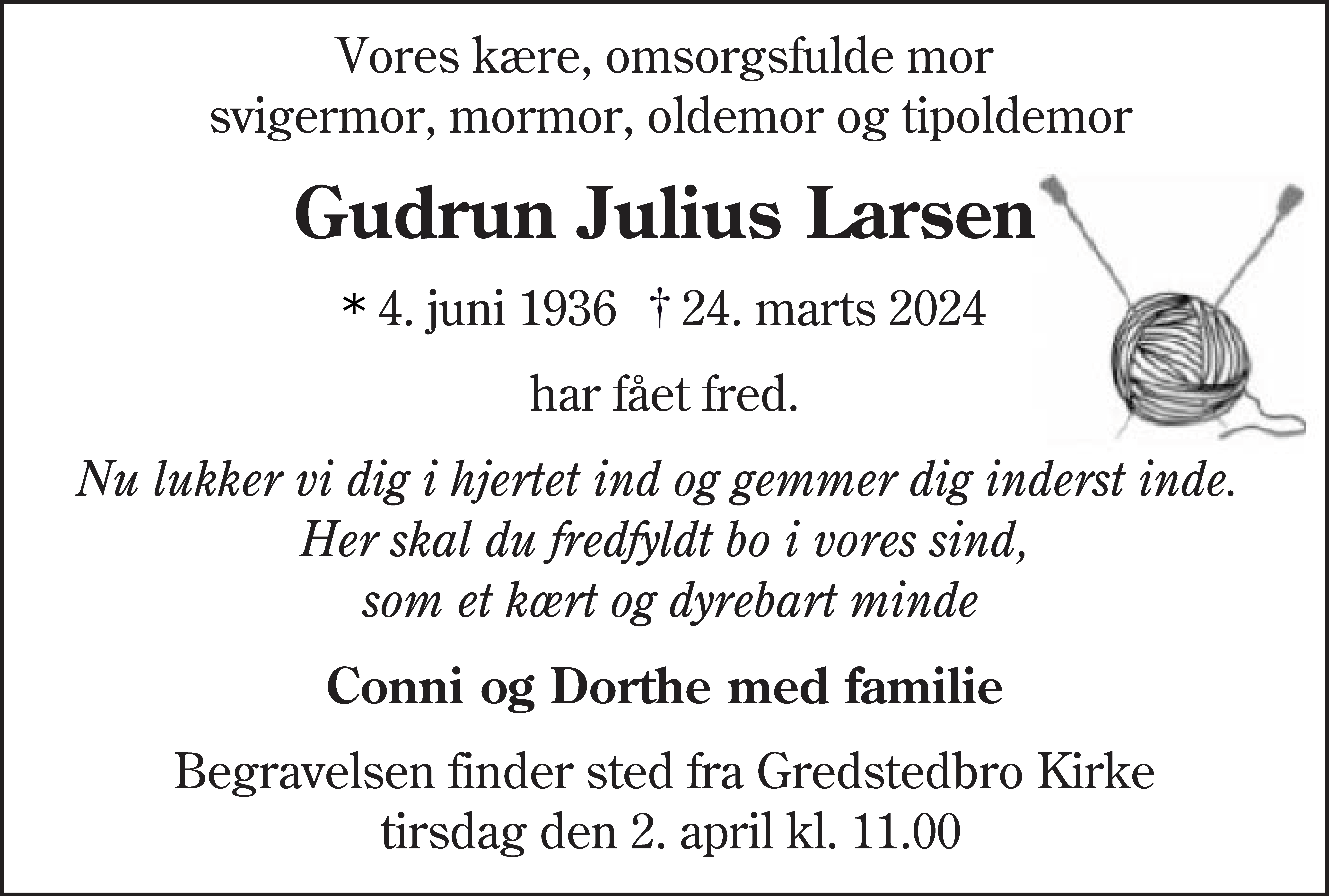 Dødsannonce for Gudrun Julius Larsen