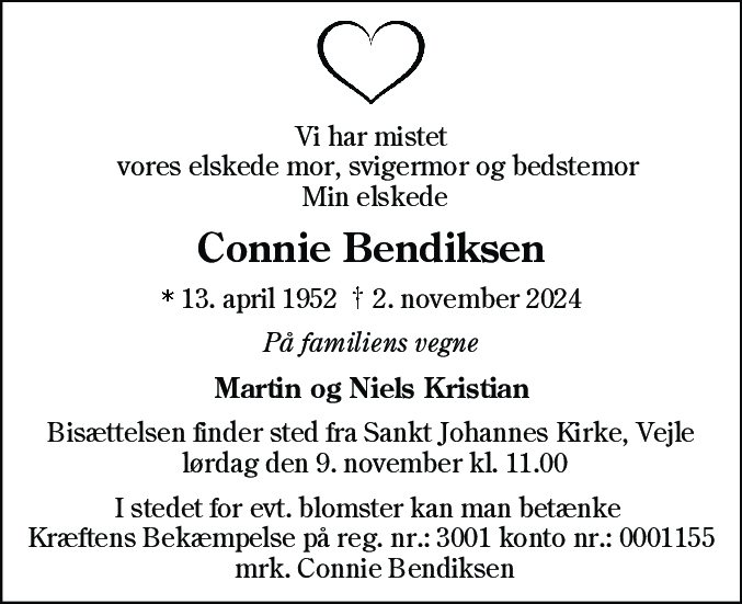 Dødsannonce for Connie Bendiksen