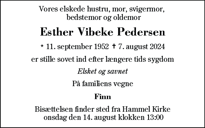 Dødsannonce for Esther Vibeke Pedersen