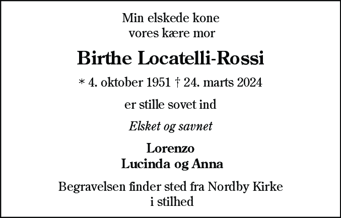 Dødsannonce for Birthe Locatelli-Rossi
