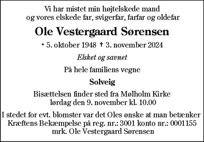Dødsannonce for Ole Vestergaard Sørensen