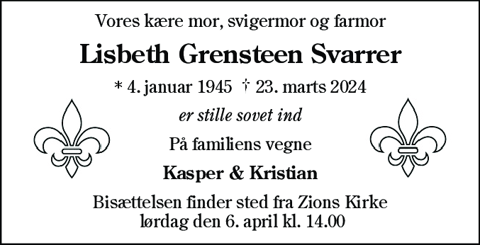Dødsannonce for Lisbeth Grensteen Svarrer