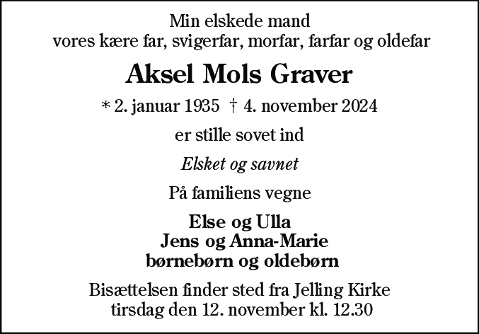 Dødsannonce for Aksel Mols Graver