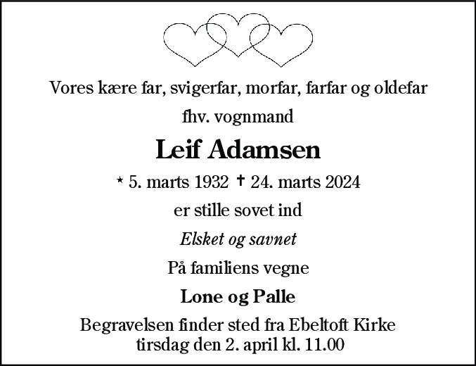 Dødsannonce for Leif Adamsen