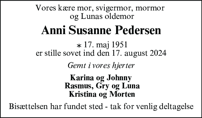 Dødsannonce for Anni Susanne Pedersen