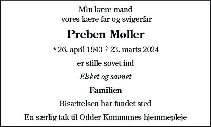 Dødsannonce for Preben Møller