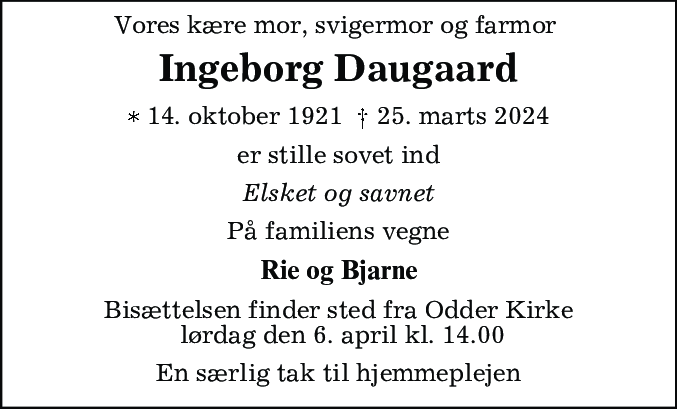 Dødsannonce for Ingeborg Daugaard